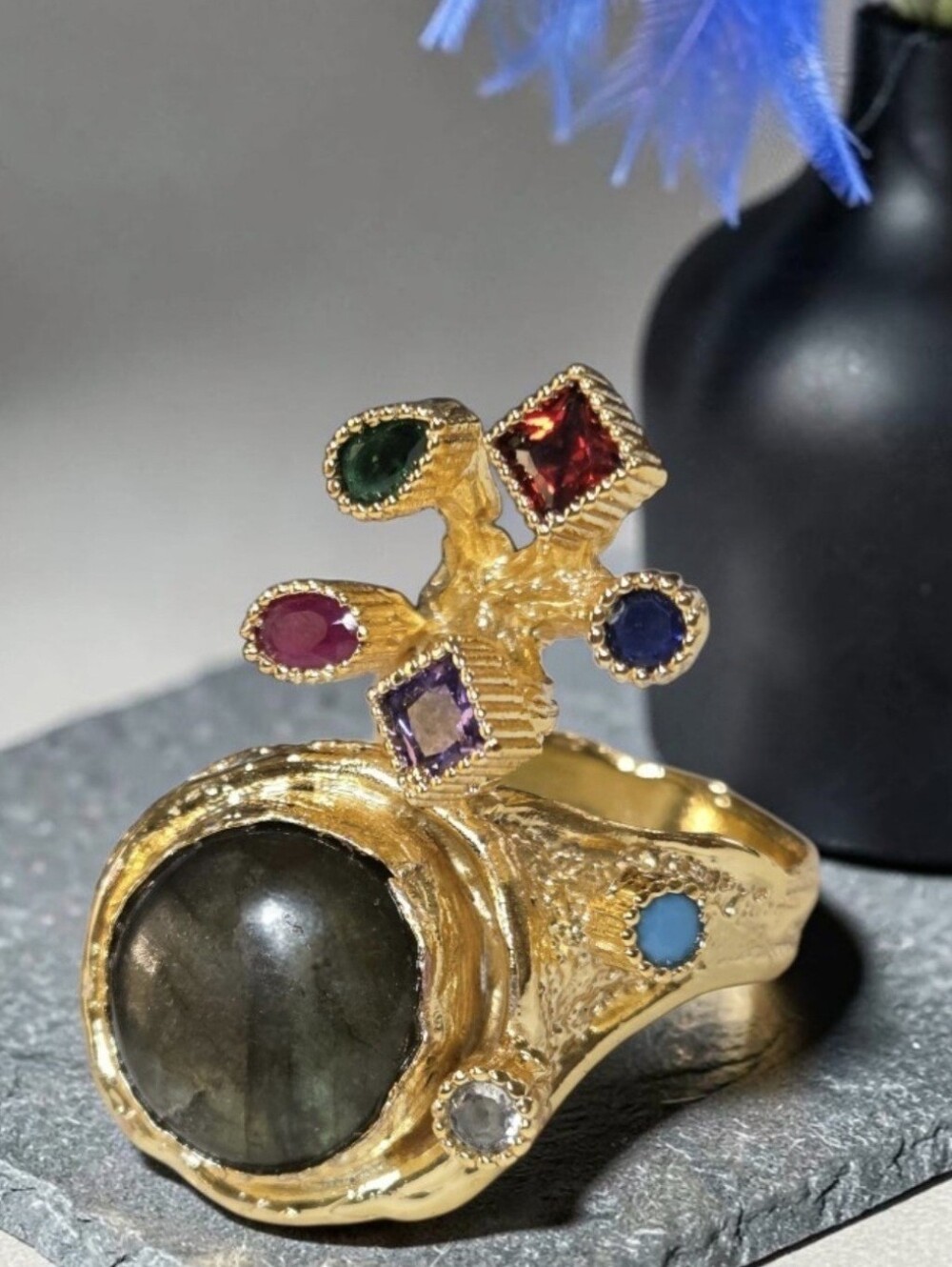 18k Gold Plated Custom Artisan Genuine Labradorite & Crystal Cocktail Ring